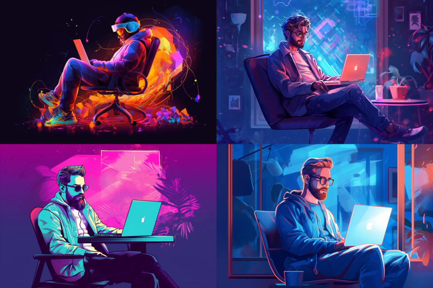 person sitting in chair with laptop and programming vector illustration, furaffinity, installation-based, #myportfolio, handsome, heistcore --ar 3:2